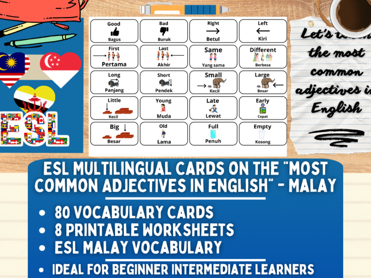 An educational teaching resource from Learning with Alan entitled ESL Multilingual Vocabulary Flashcard - Most common adjectives - Malay downloadable at Teach Simple.