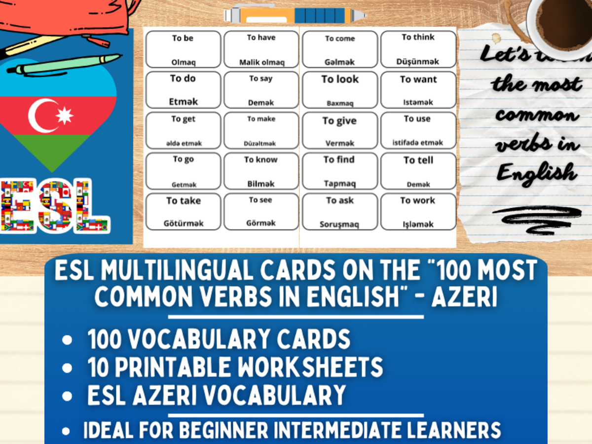 An educational teaching resource from Learning with Alan entitled ESL Multilingual Vocabulary Flashcards - 100 most common verbs - Azeri downloadable at Teach Simple.