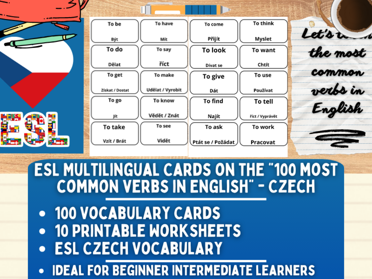 An educational teaching resource from Learning with Alan entitled ESL Multilingual Vocabulary Flashcards - 100 most common verbs - Czech downloadable at Teach Simple.
