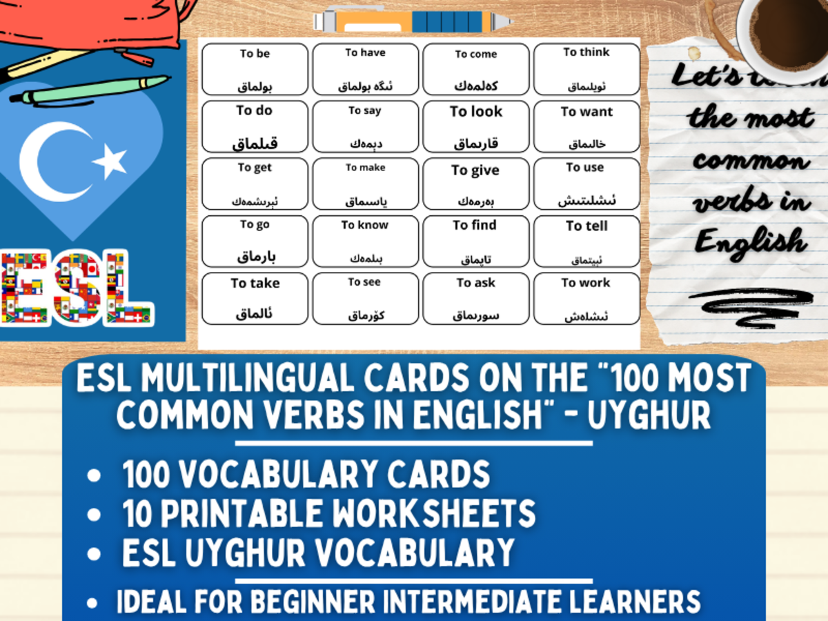 An educational teaching resource from Learning with Alan entitled ESL Multilingual Vocabulary Flashcards -100 most common verbs - Uyghur downloadable at Teach Simple.