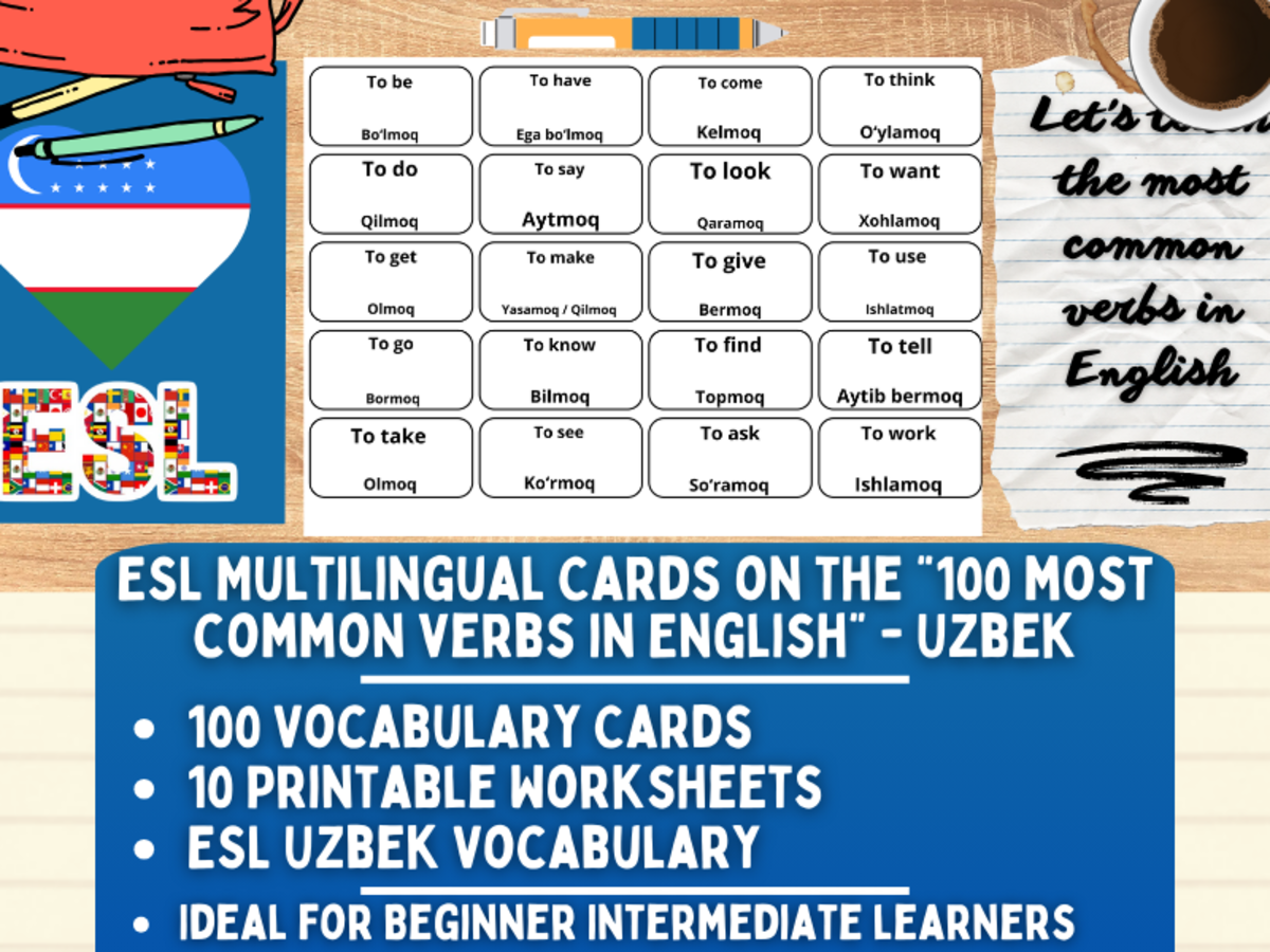 An educational teaching resource from Learning with Alan entitled ESL Multilingual Vocabulary Flashcards - 100 most common verbs - Uzbek downloadable at Teach Simple.