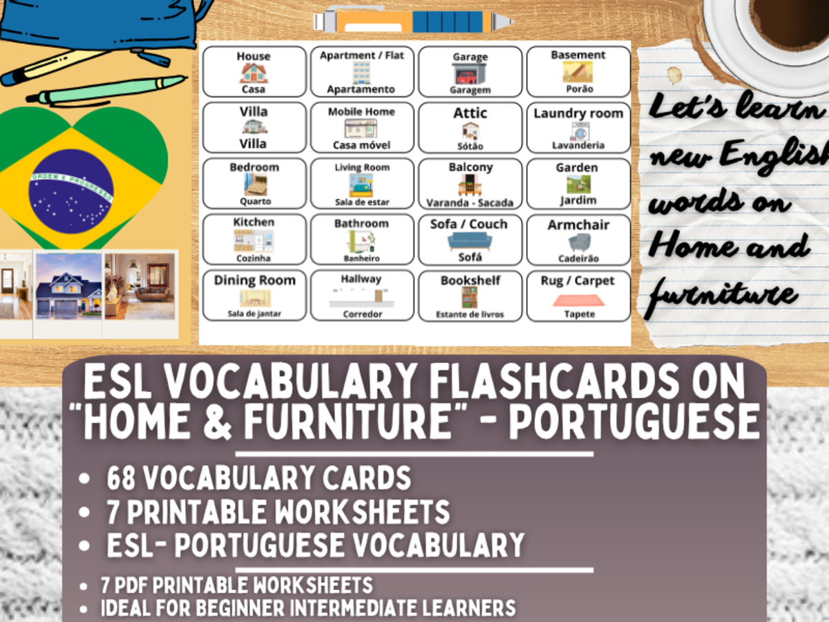 An educational teaching resource from Learning with Alan entitled ESL Multilingual Vocabulary Flashcards - Home & Furniture - Portuguese downloadable at Teach Simple.