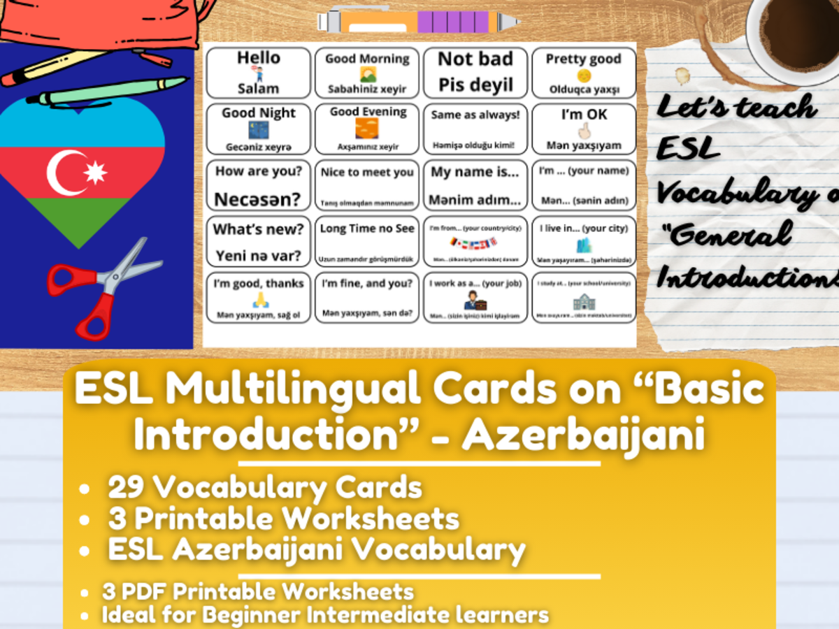 An educational teaching resource from Learning with Alan entitled ESL Multilingual Vocabulary Flashcards - Introductions - Azerbaijani downloadable at Teach Simple.