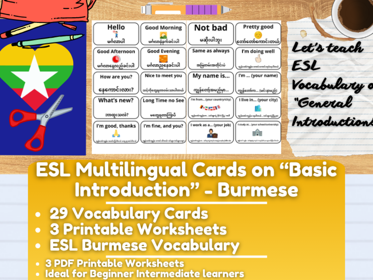 An educational teaching resource from Learning with Alan entitled ESL Multilingual Vocabulary Flashcards - Introductions - Burmese downloadable at Teach Simple.