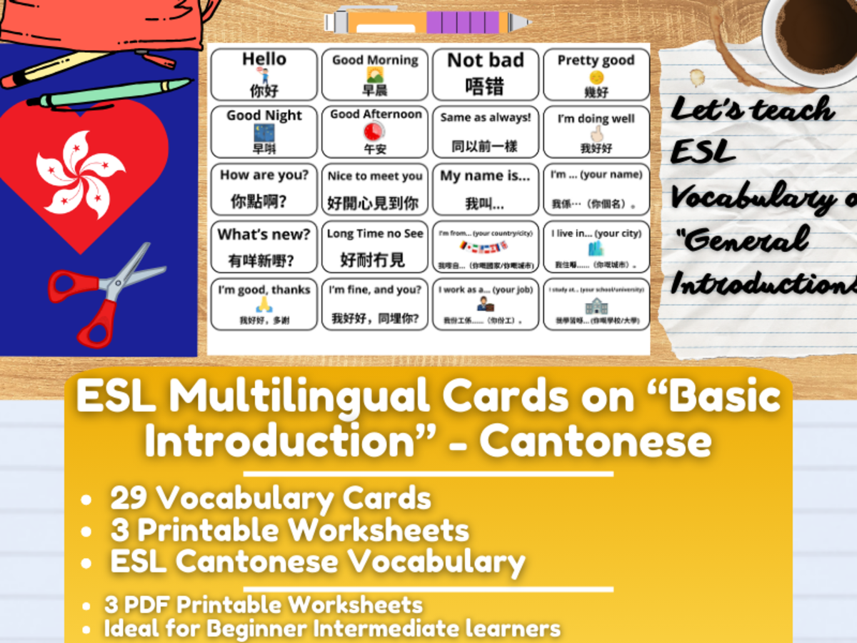 An educational teaching resource from Learning with Alan entitled ESL Multilingual Vocabulary Flashcards - Introductions - Cantonese downloadable at Teach Simple.