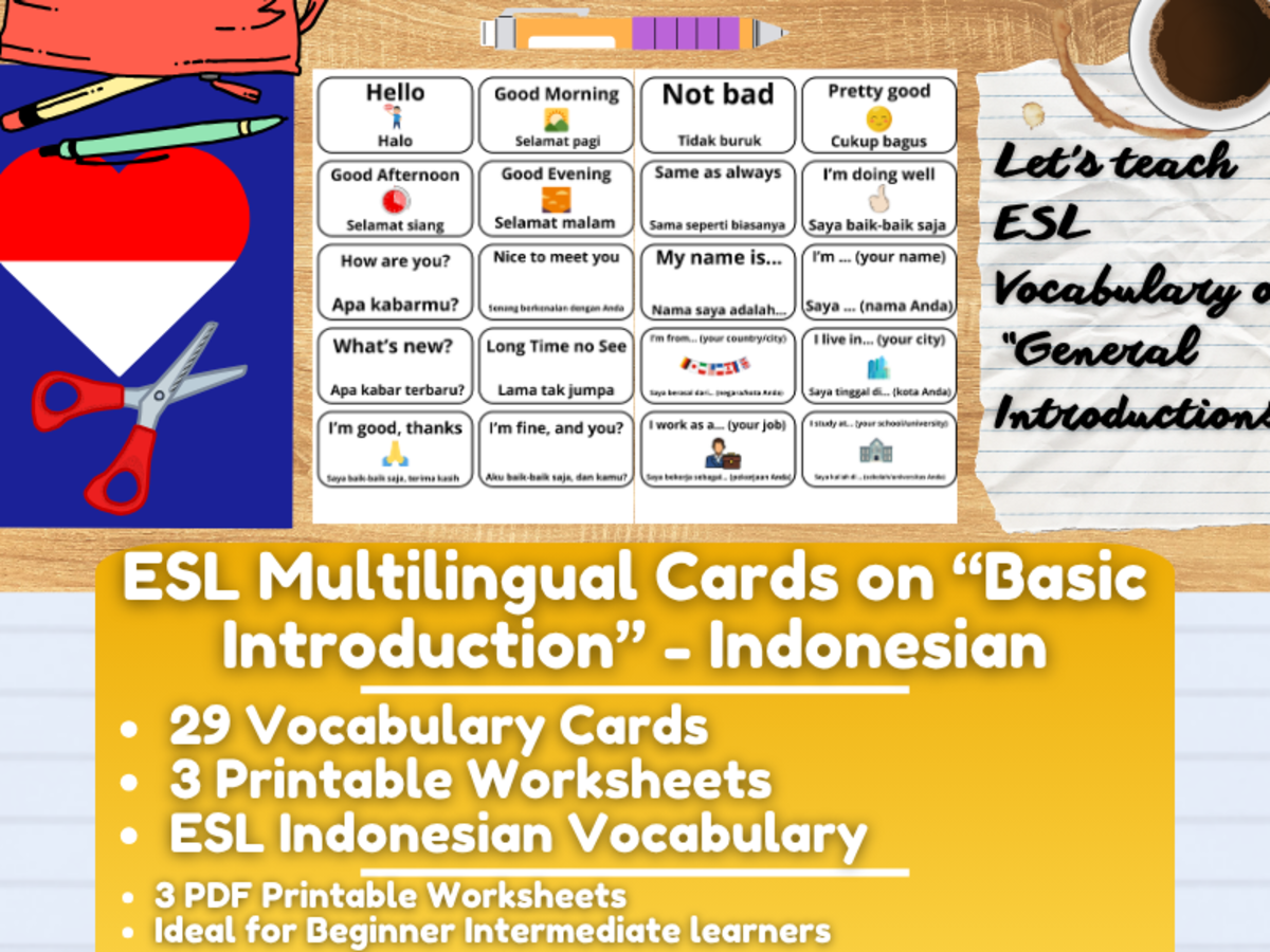 An educational teaching resource from Learning with Alan entitled ESL Multilingual Vocabulary Flashcards - Introductions - Indonesian downloadable at Teach Simple.