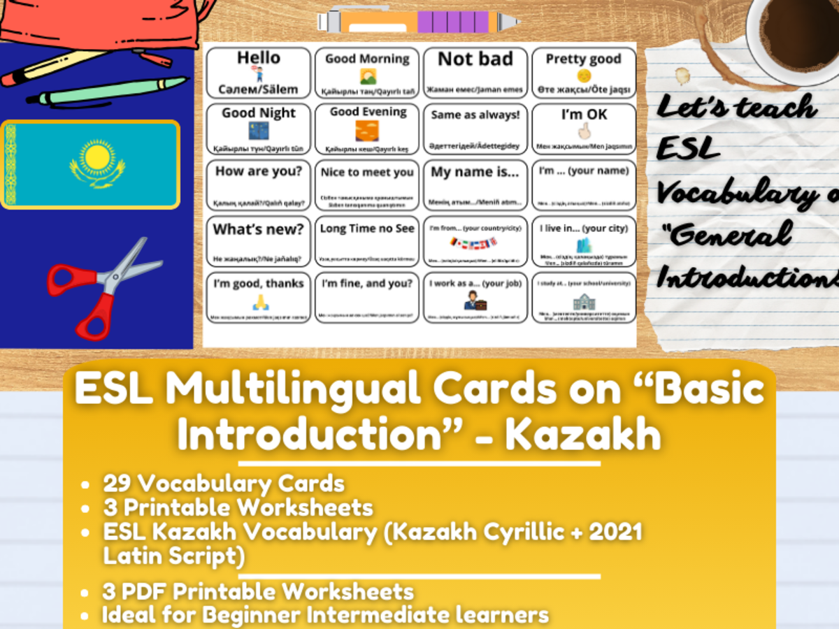 An educational teaching resource from Learning with Alan entitled ESL Multilingual Vocabulary Flashcards - Introductions - Kazakh downloadable at Teach Simple.