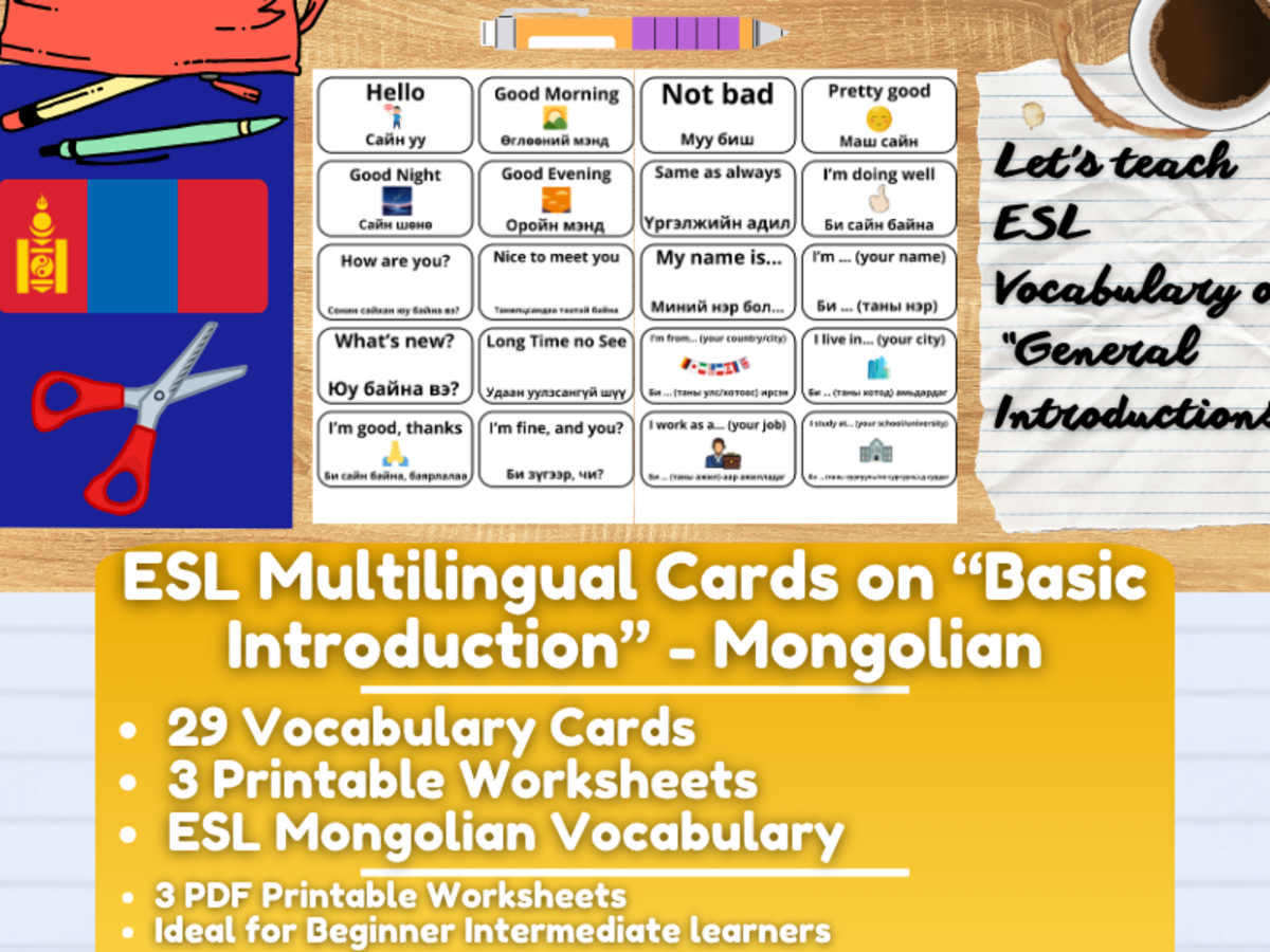 An educational teaching resource from Learning with Alan entitled ESL Multilingual Vocabulary Flashcards - Introductions - Mongolian downloadable at Teach Simple.