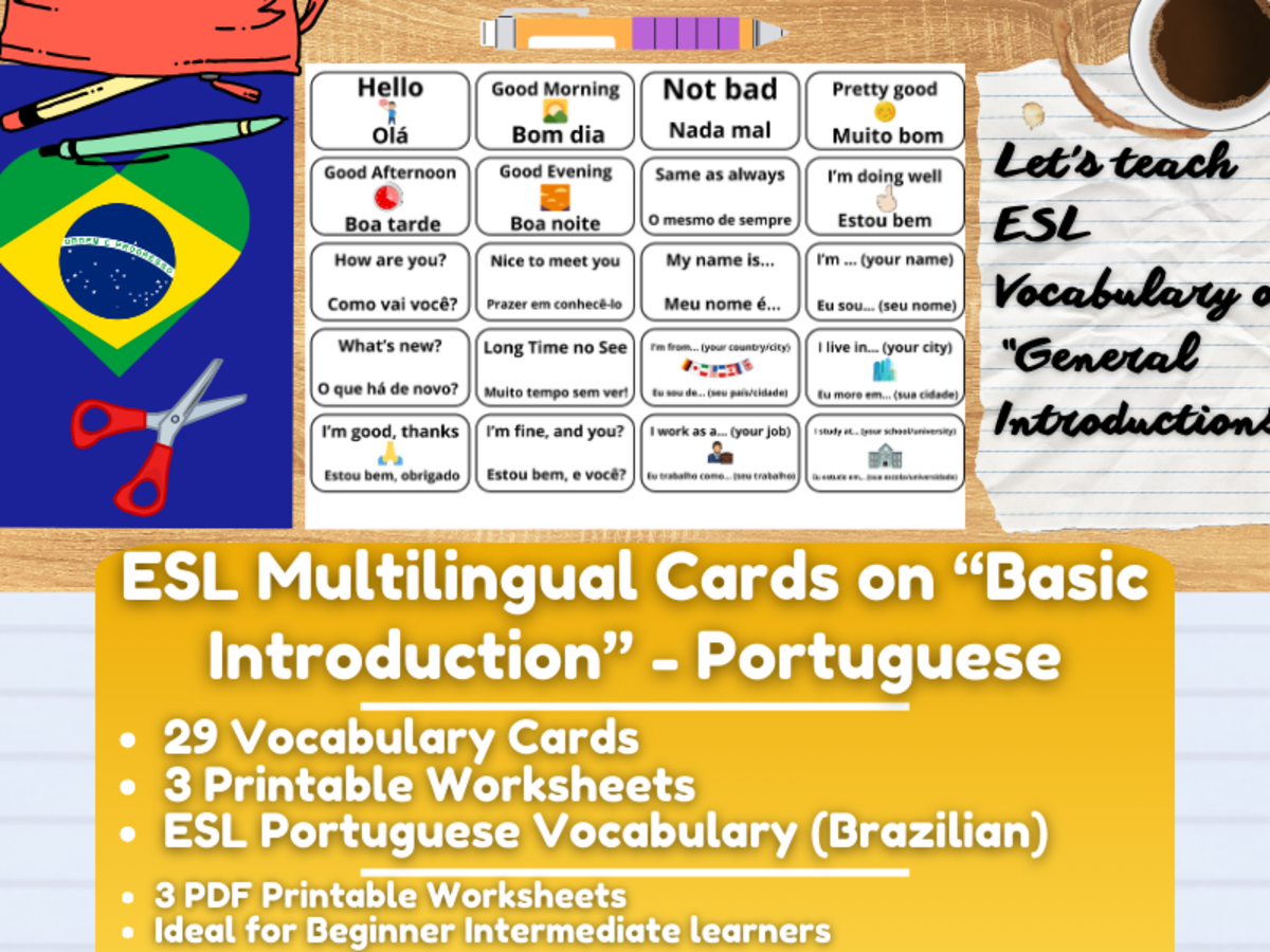 An educational teaching resource from Learning with Alan entitled ESL Multilingual Vocabulary Flashcards - Introductions - Portuguese downloadable at Teach Simple.