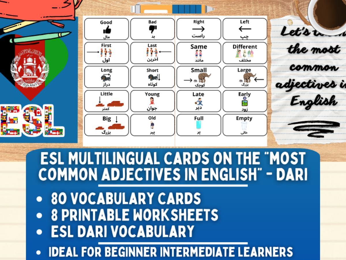 An educational teaching resource from Learning with Alan entitled ESL Multilingual Vocabulary Flashcards - Most common adjectives - Dari downloadable at Teach Simple.