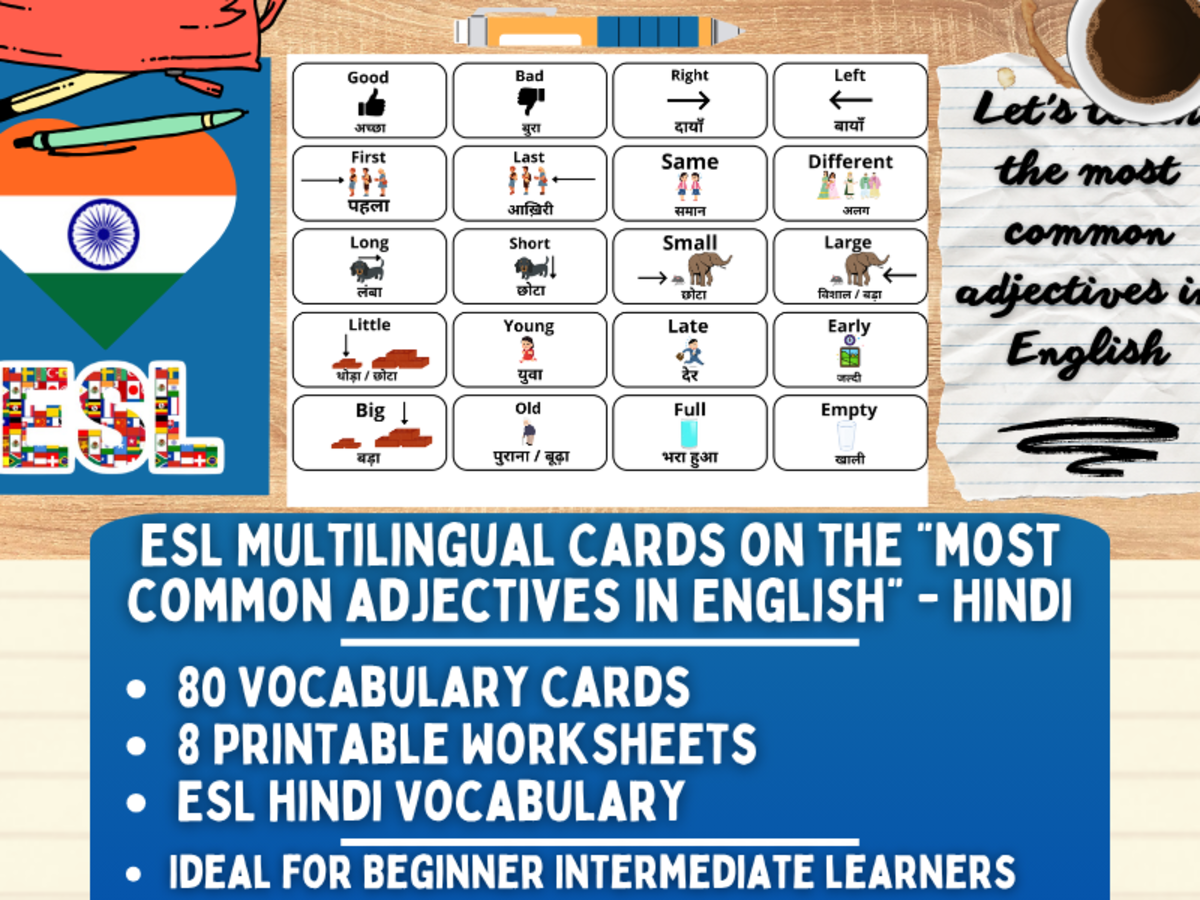 An educational teaching resource from Learning with Alan entitled ESL Multilingual Vocabulary Flashcards - Most common adjectives- Hindi downloadable at Teach Simple.
