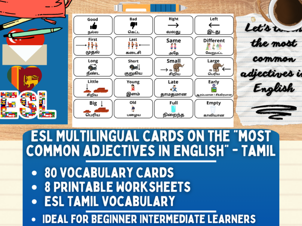 An educational teaching resource from Learning with Alan entitled ESL Multilingual Vocabulary Flashcards -Most common adjectives - Tamil downloadable at Teach Simple.
