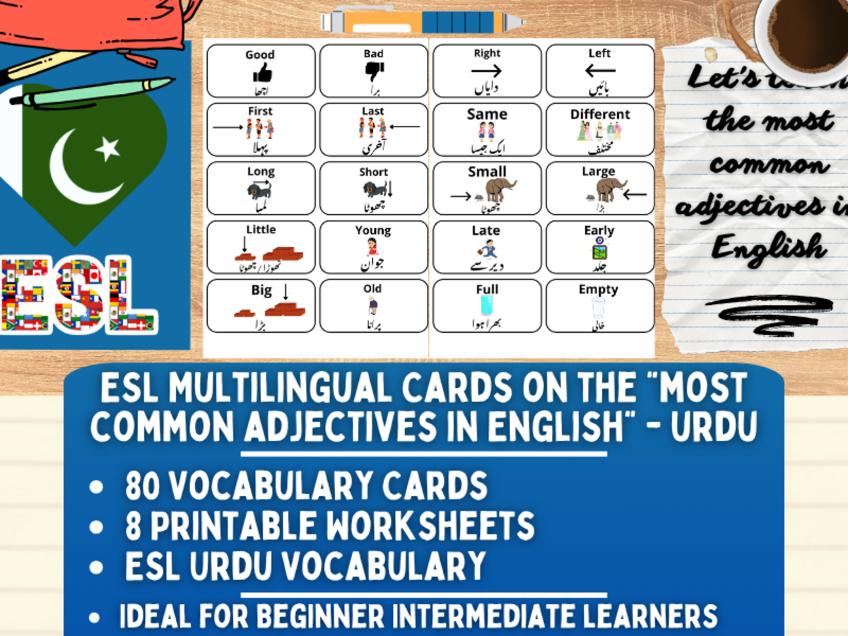 An educational teaching resource from Learning with Alan entitled ESL Multilingual Vocabulary Flashcards - Most common adjectives - Urdu downloadable at Teach Simple.