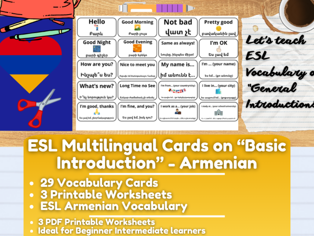 An educational teaching resource from Learning with Alan entitled ESL Multilingual Vocabulary Flashcards on "Introductions" - Armenian downloadable at Teach Simple.