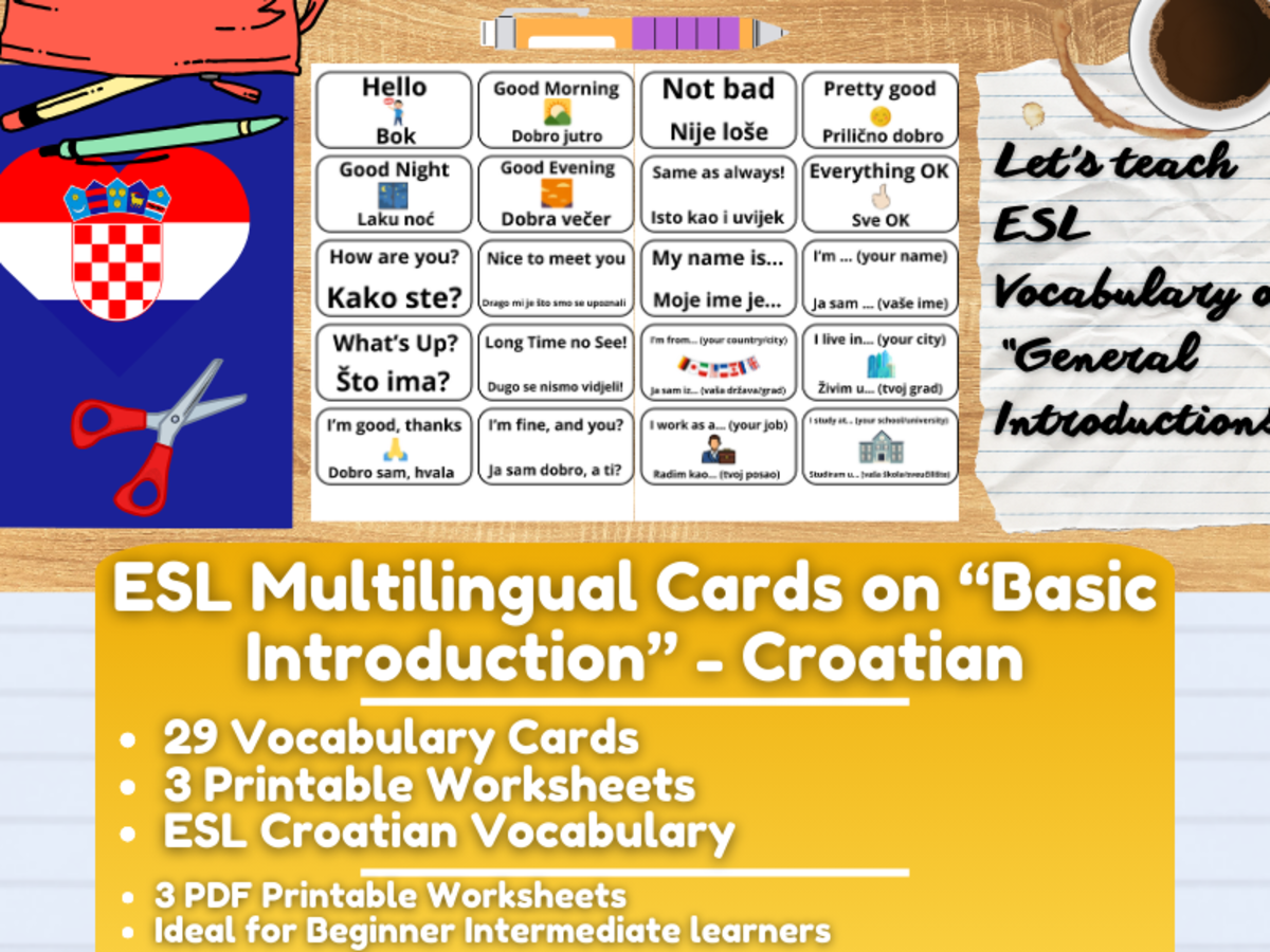 An educational teaching resource from Learning with Alan entitled ESL Multilingual Vocabulary Flashcards on "Introductions" - Croatian downloadable at Teach Simple.