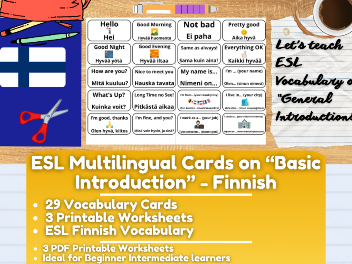 An educational teaching resource from Learning with Alan entitled ESL Multilingual Vocabulary Flashcards on "Introductions" - Finnish downloadable at Teach Simple.