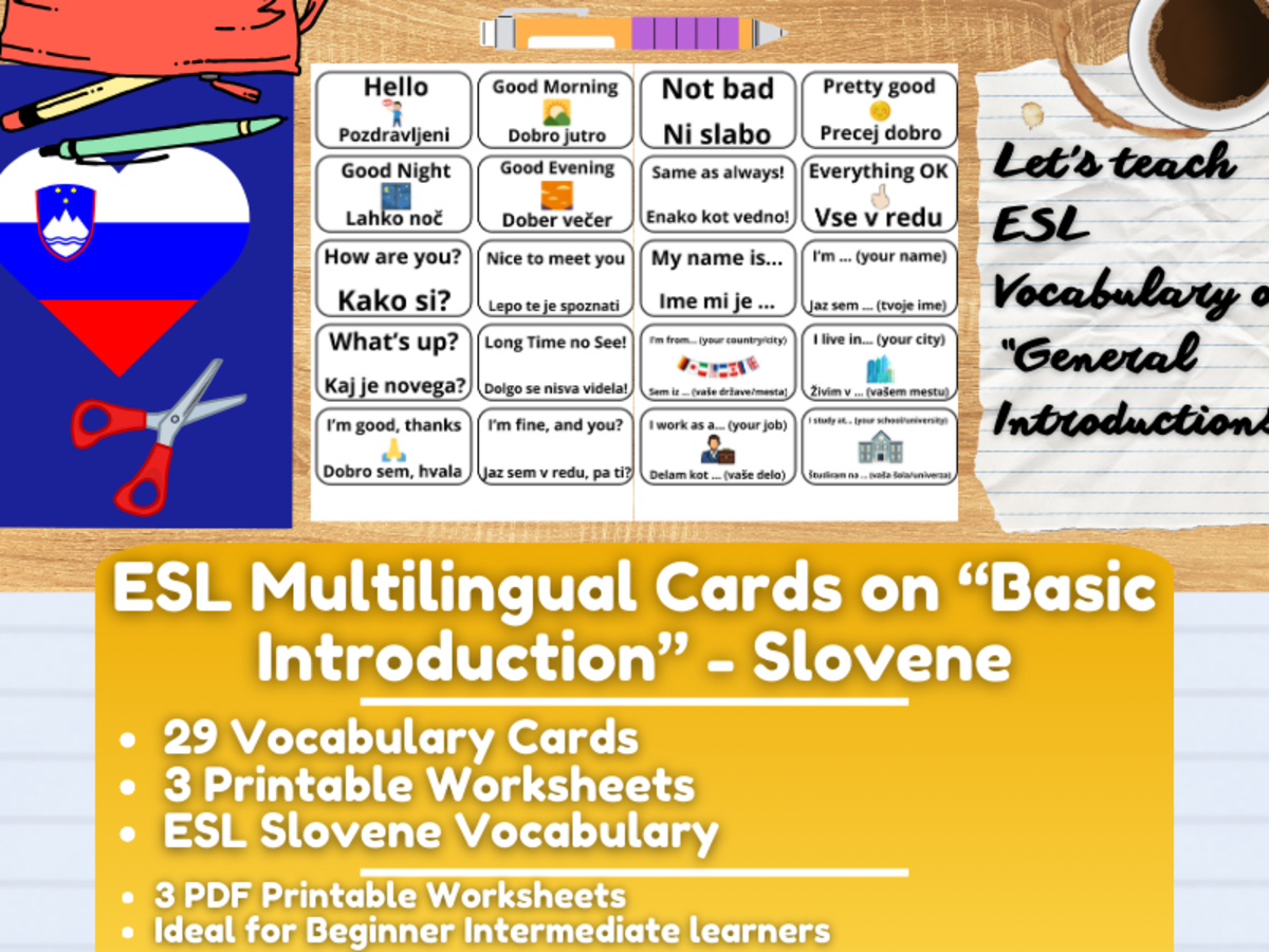 An educational teaching resource from Learning with Alan entitled ESL Multilingual Vocabulary Flashcards on "Introductions" - Slovene downloadable at Teach Simple.