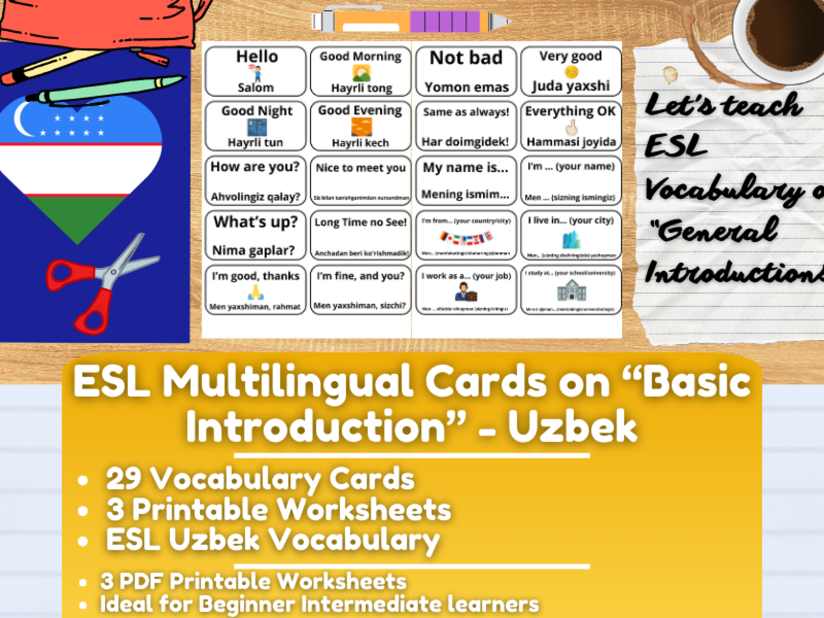 An educational teaching resource from Learning with Alan entitled ESL Multilingual Vocabulary Flashcards on "Introductions" - Uzbek downloadable at Teach Simple.