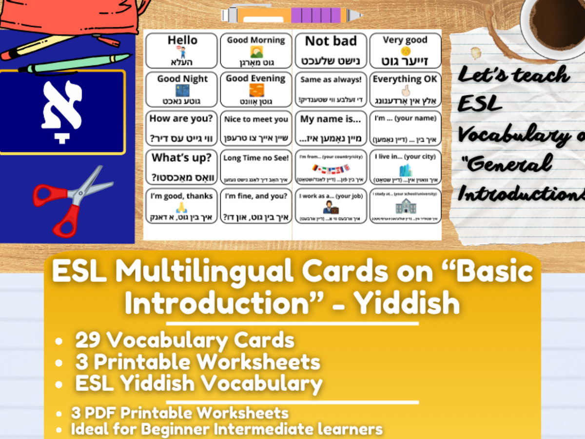 An educational teaching resource from Learning with Alan entitled ESL Multilingual Vocabulary Flashcards on "Introductions" - Yiddish downloadable at Teach Simple.