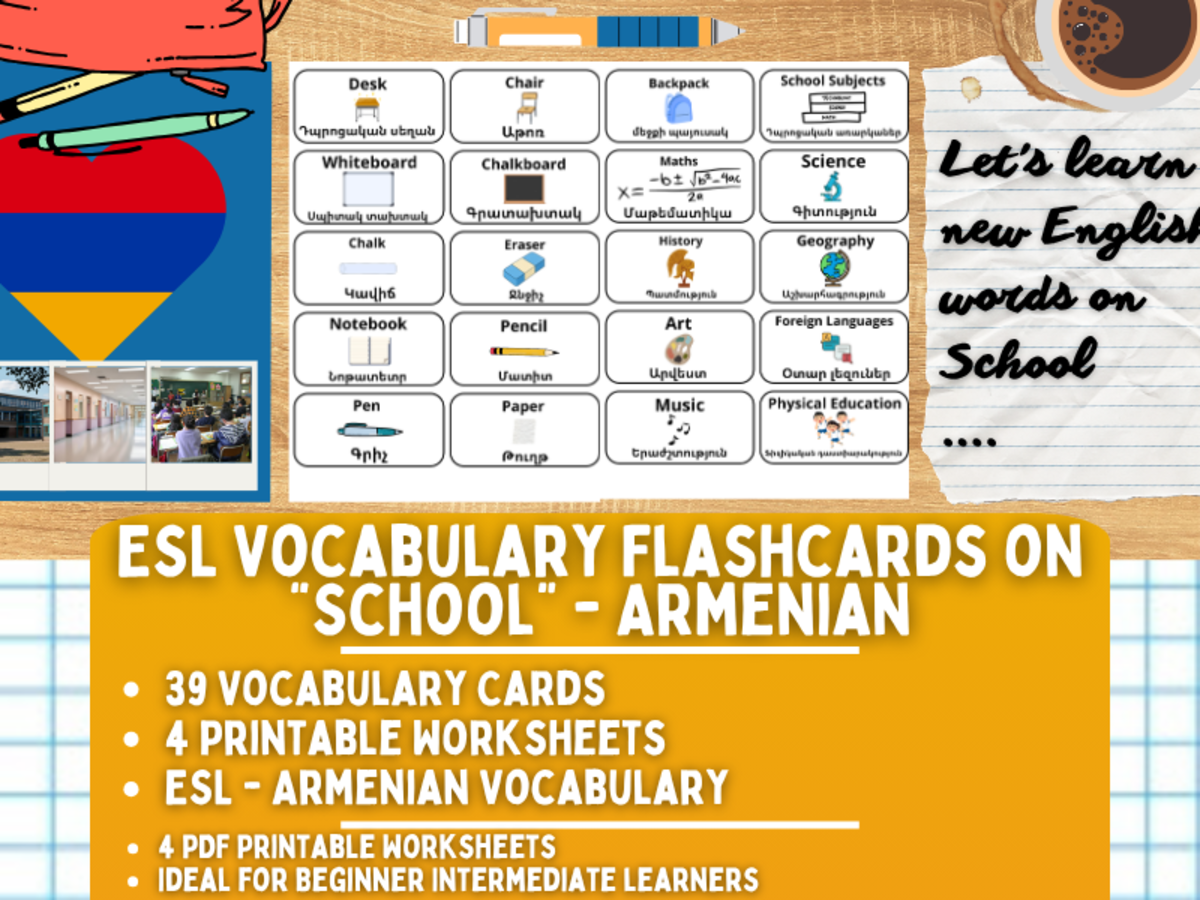 An educational teaching resource from Learning with Alan entitled ESL Multilingual Vocabulary Flashcards - School - Armenian downloadable at Teach Simple.