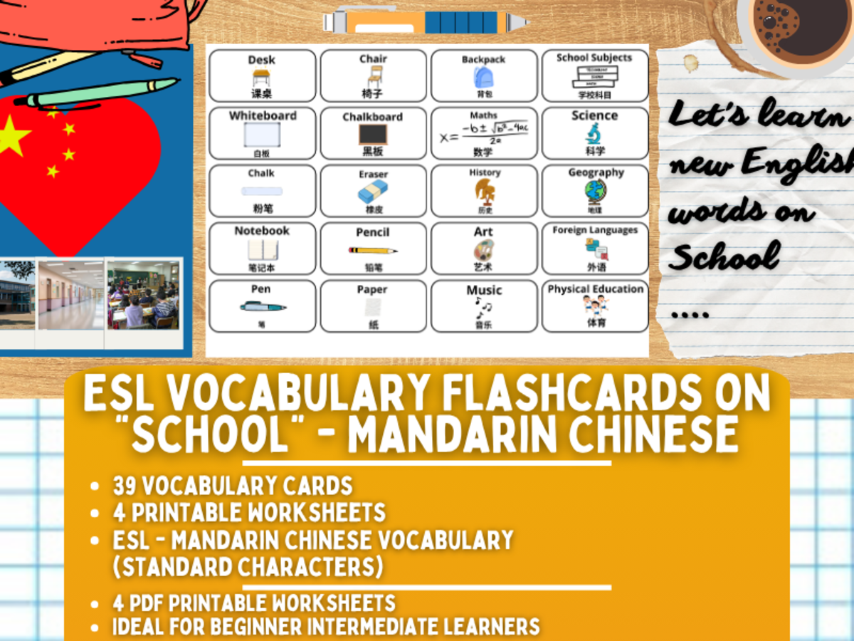 An educational teaching resource from Learning with Alan entitled ESL Multilingual Vocabulary Flashcards - School - Chinese - Standard downloadable at Teach Simple.