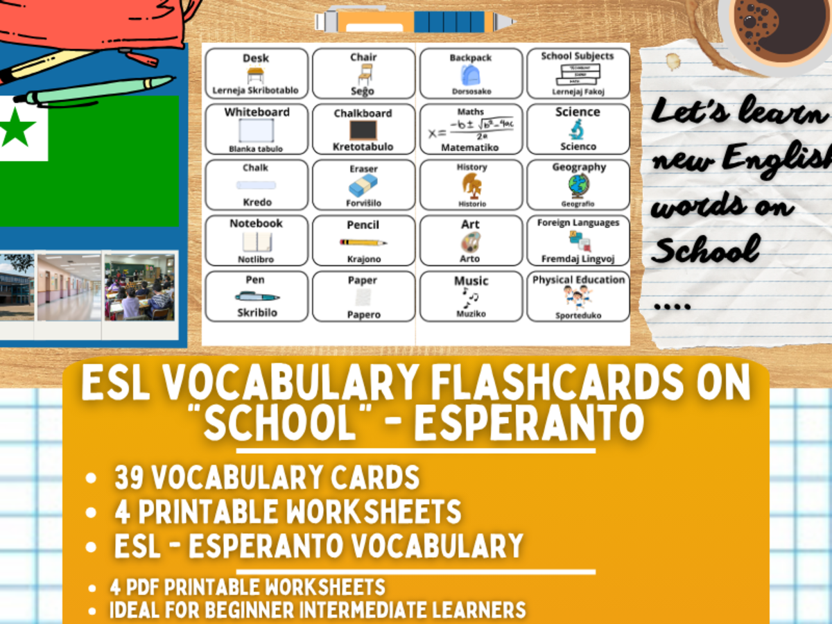 An educational teaching resource from Learning with Alan entitled ESL Multilingual Vocabulary Flashcards - School - Esperanto downloadable at Teach Simple.