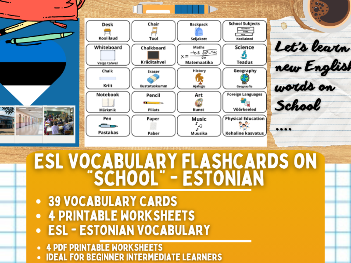 An educational teaching resource from Learning with Alan entitled ESL Multilingual Vocabulary Flashcards - School - Estonian downloadable at Teach Simple.