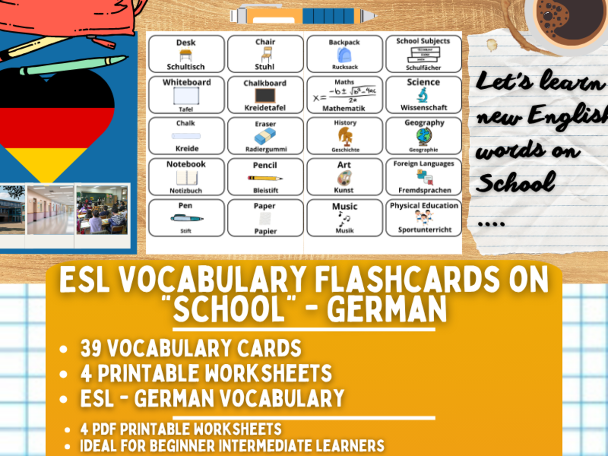 An educational teaching resource from Learning with Alan entitled ESL Multilingual Vocabulary Flashcards - School - German downloadable at Teach Simple.