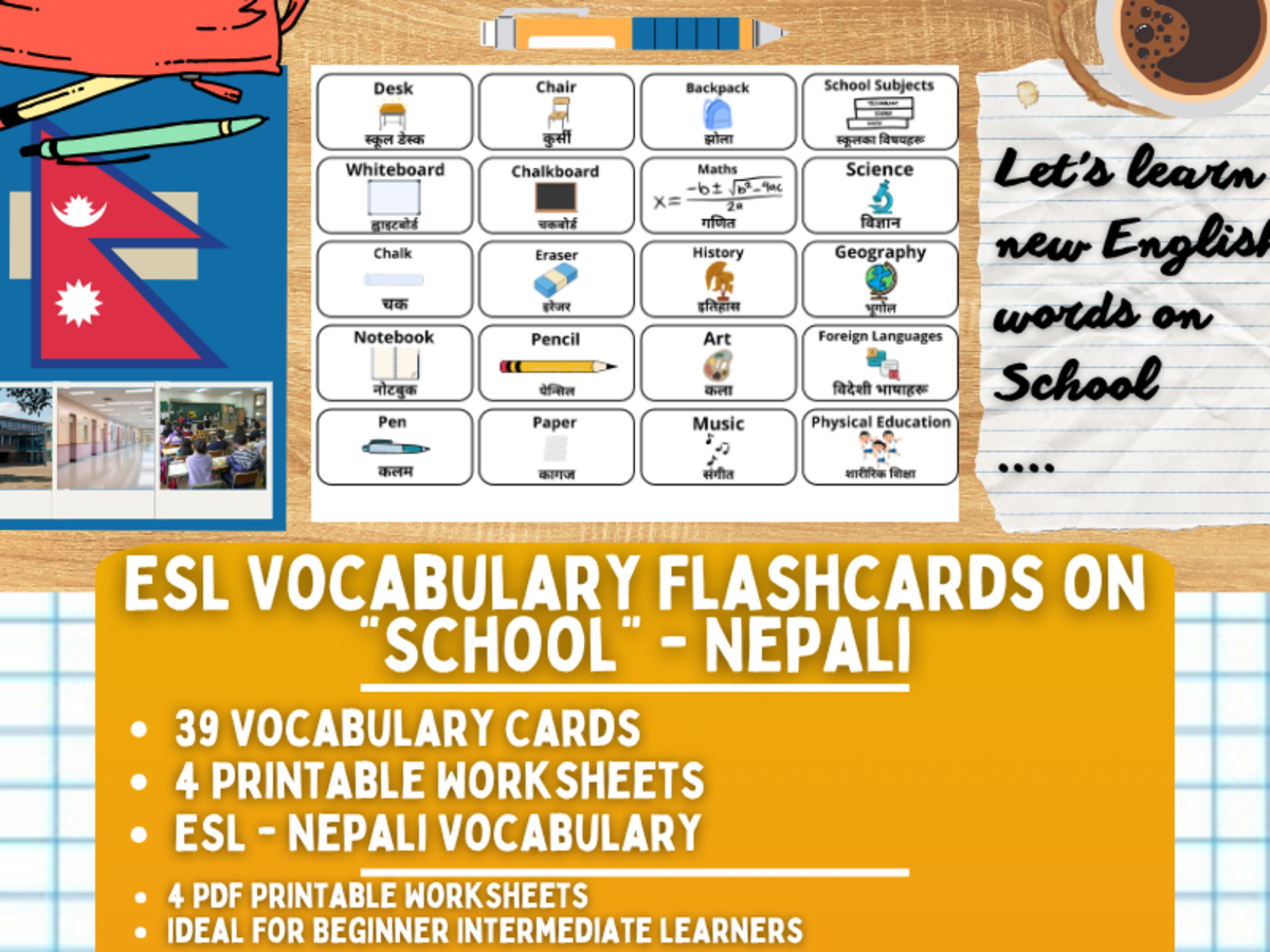 An educational teaching resource from Learning with Alan entitled ESL Multilingual Vocabulary Flashcards - School - Nepali downloadable at Teach Simple.