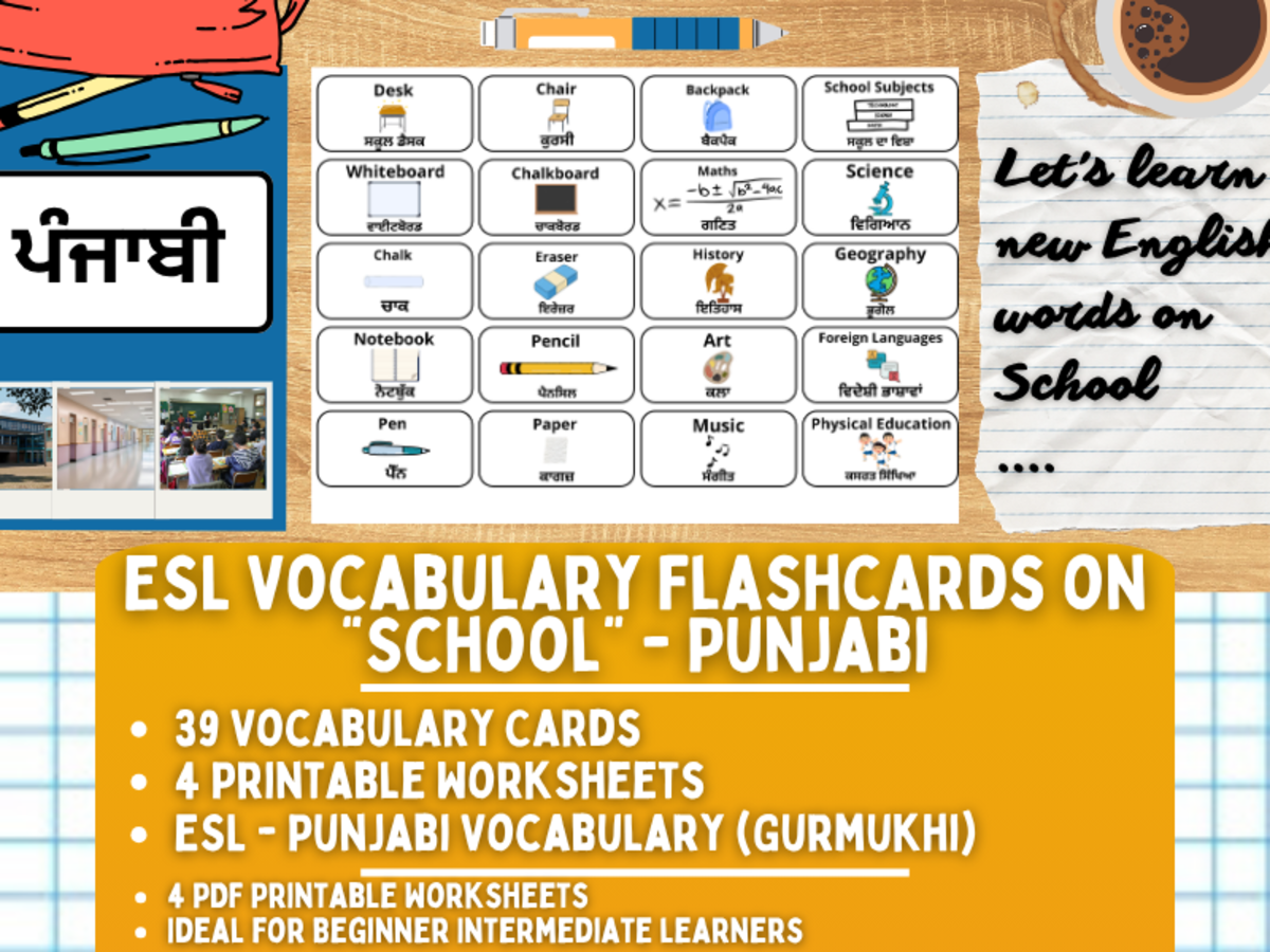 An educational teaching resource from Learning with Alan entitled ESL Multilingual Vocabulary Flashcards - School - Punjabi Gurmukhi downloadable at Teach Simple.