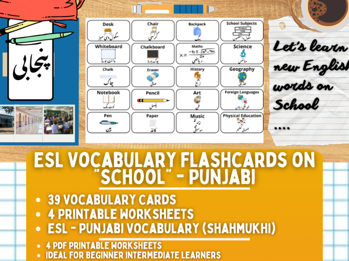 An educational teaching resource from Learning with Alan entitled ESL Multilingual Vocabulary Flashcards - School - Punjabi Shahmukhi downloadable at Teach Simple.