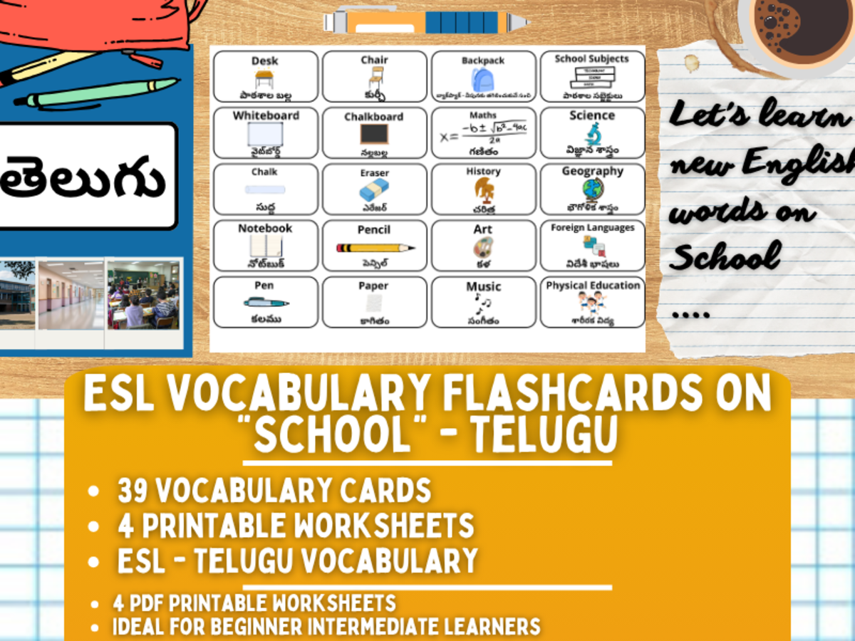 An educational teaching resource from Learning with Alan entitled ESL Multilingual Vocabulary Flashcards - School - Telugu downloadable at Teach Simple.