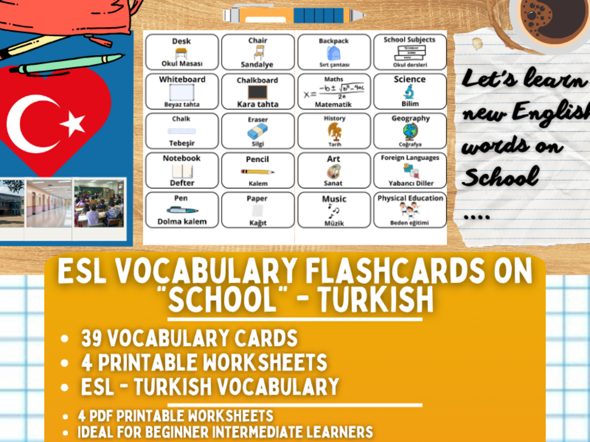 An educational teaching resource from Learning with Alan entitled ESL Multilingual Vocabulary Flashcards - School - Turkish downloadable at Teach Simple.