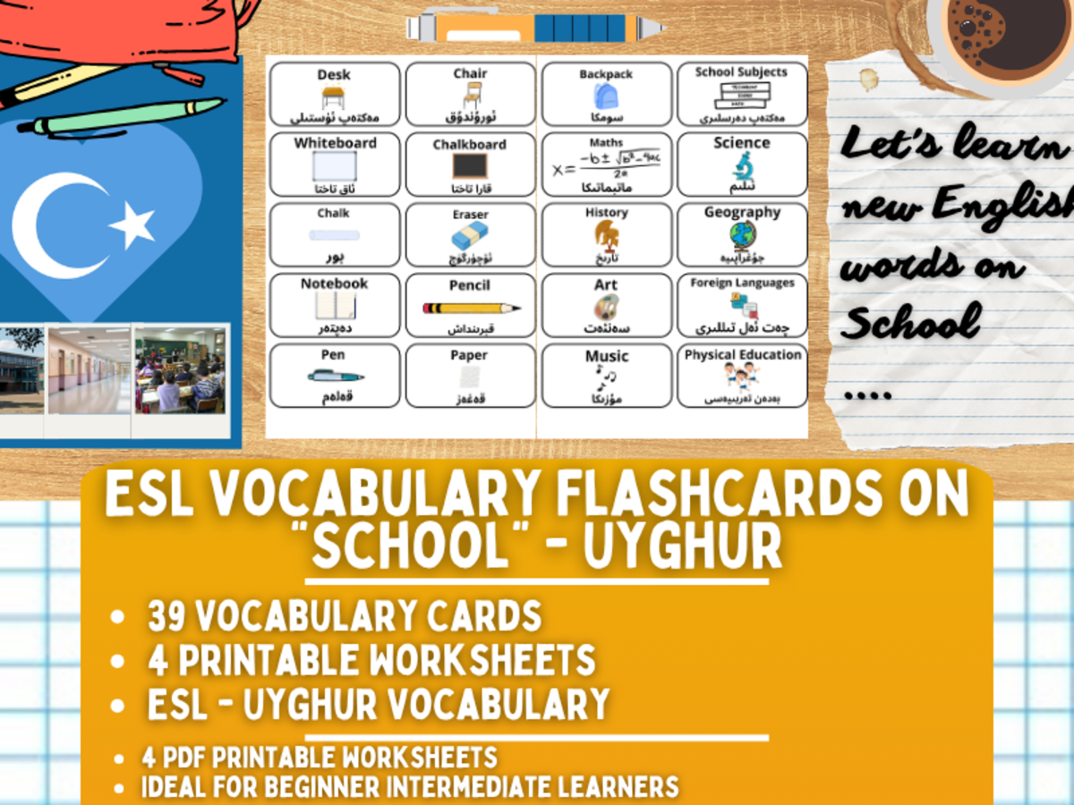 An educational teaching resource from Learning with Alan entitled ESL Multilingual Vocabulary Flashcards - School - Uyghur downloadable at Teach Simple.