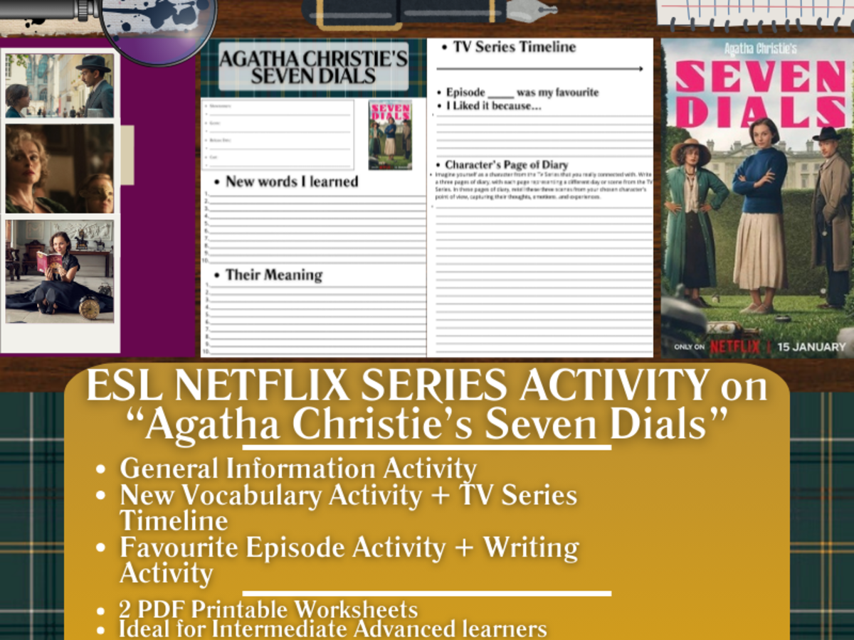 An educational teaching resource from Learning with Alan entitled ESL Netflix Series Activity Worksheets - Agatha Christie's Seven Dials downloadable at Teach Simple.