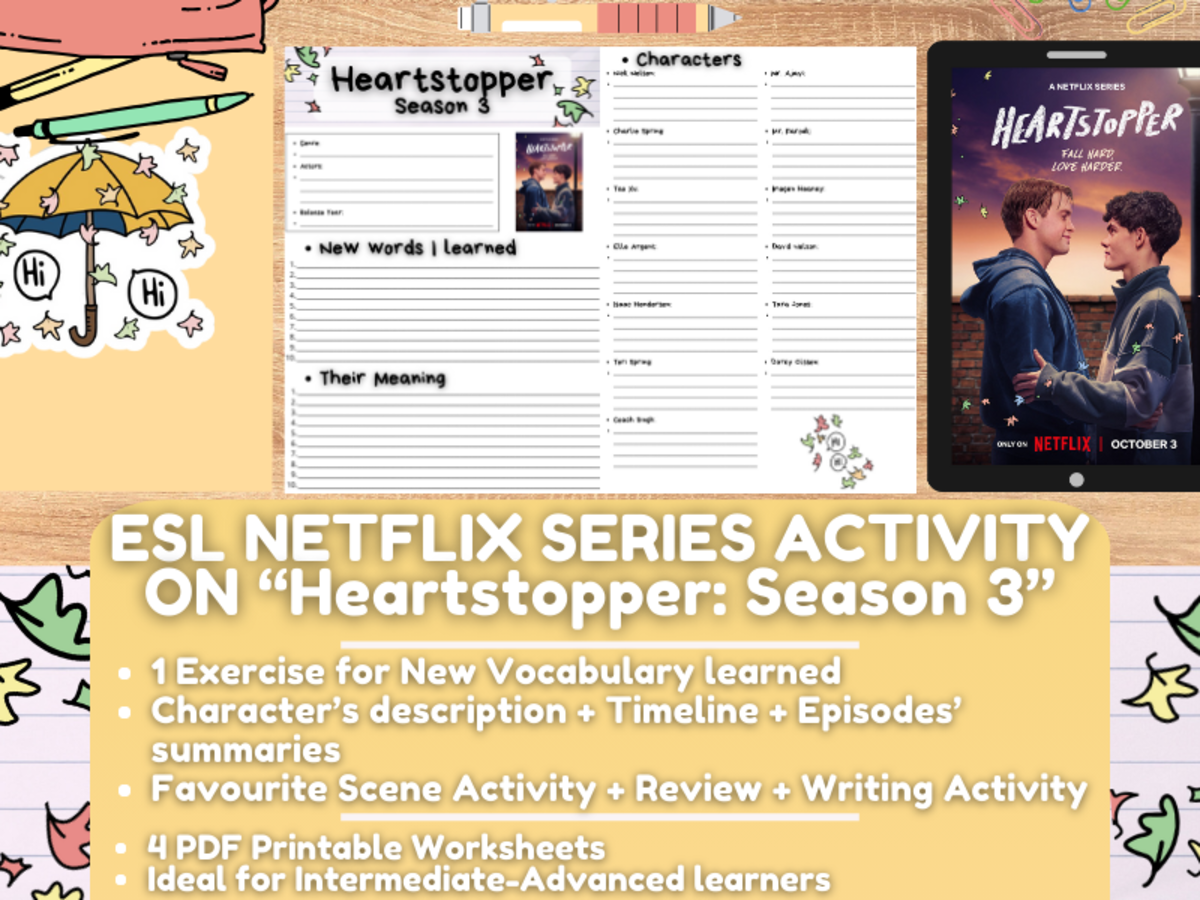 An educational teaching resource from Learning with Alan entitled ESL Netflix Series Activity Worksheets on "Heartstopper: Season 3" downloadable at Teach Simple.