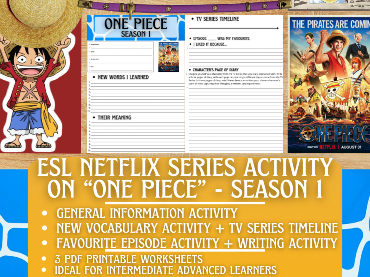 An educational teaching resource from Learning with Alan entitled ESL Netflix Series Activity Worksheets on "One Piece" - Season 1 downloadable at Teach Simple.
