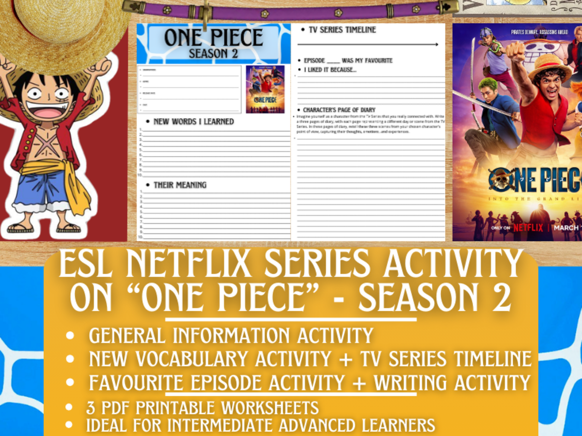 An educational teaching resource from Learning with Alan entitled ESL Netflix Series Activity Worksheets on "One Piece" - Season 2 downloadable at Teach Simple.