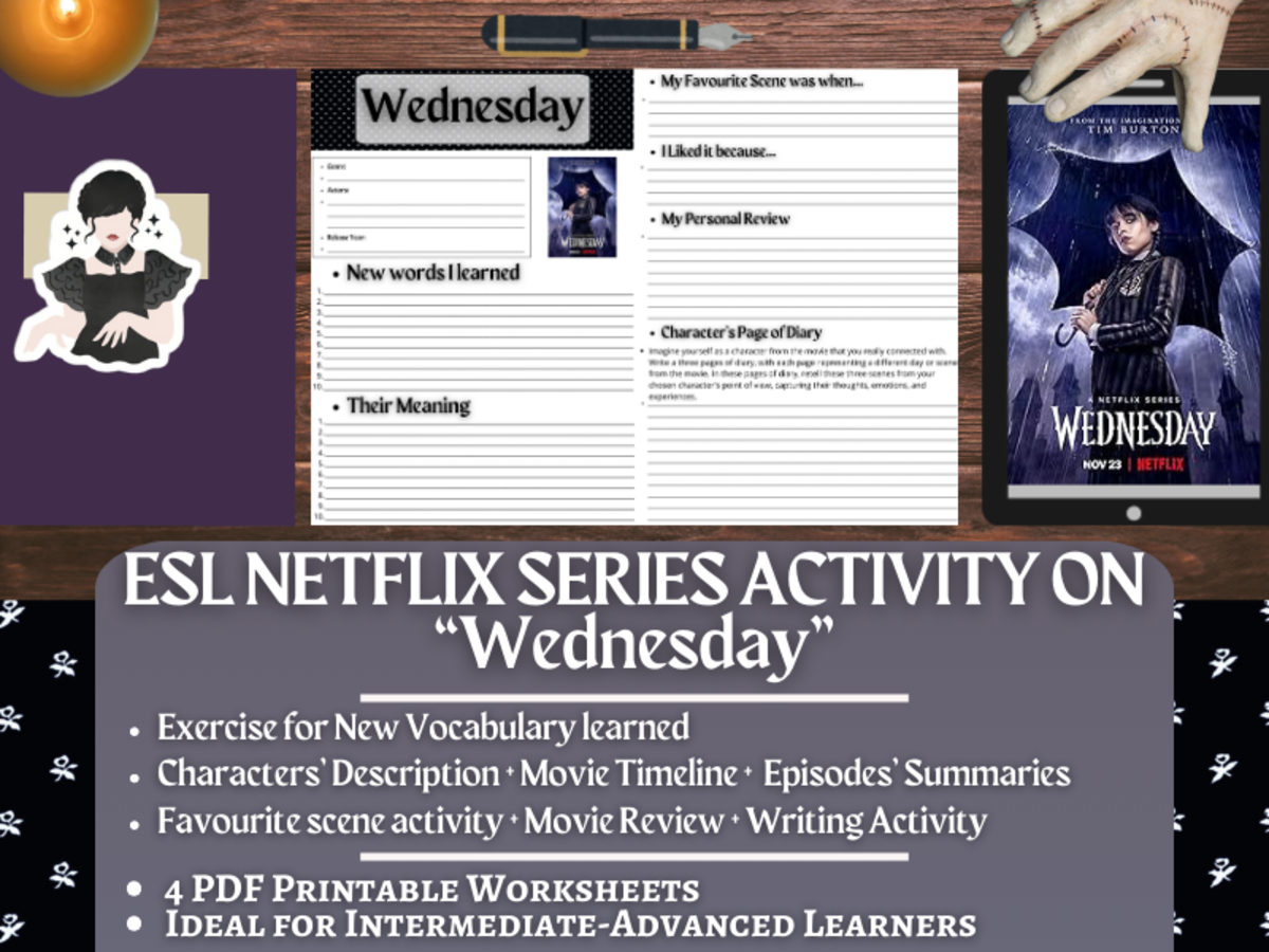 An educational teaching resource from Learning with Alan entitled ESL Netflix Series Activity Worksheets on Wednesday downloadable at Teach Simple.