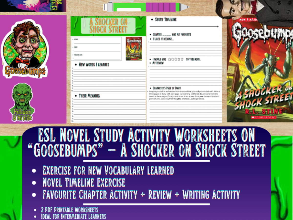 An educational teaching resource from Learning with Alan entitled ESL Novel Study - A Shocker on Shock Street - Goosebumps - R.L Stine downloadable at Teach Simple.