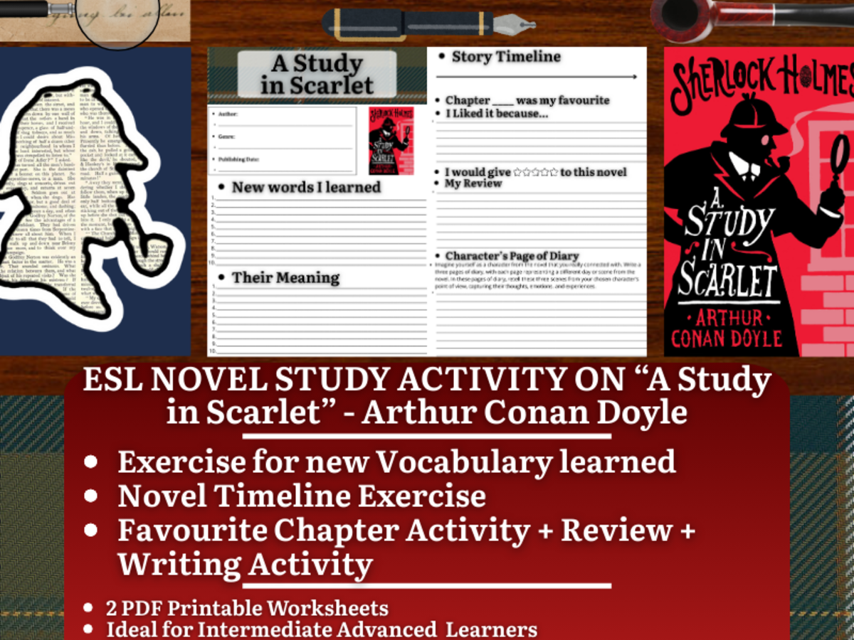 An educational teaching resource from Learning with Alan entitled ESL Novel Study - A Study in Scarlet - Arthur Conan Doyle downloadable at Teach Simple.