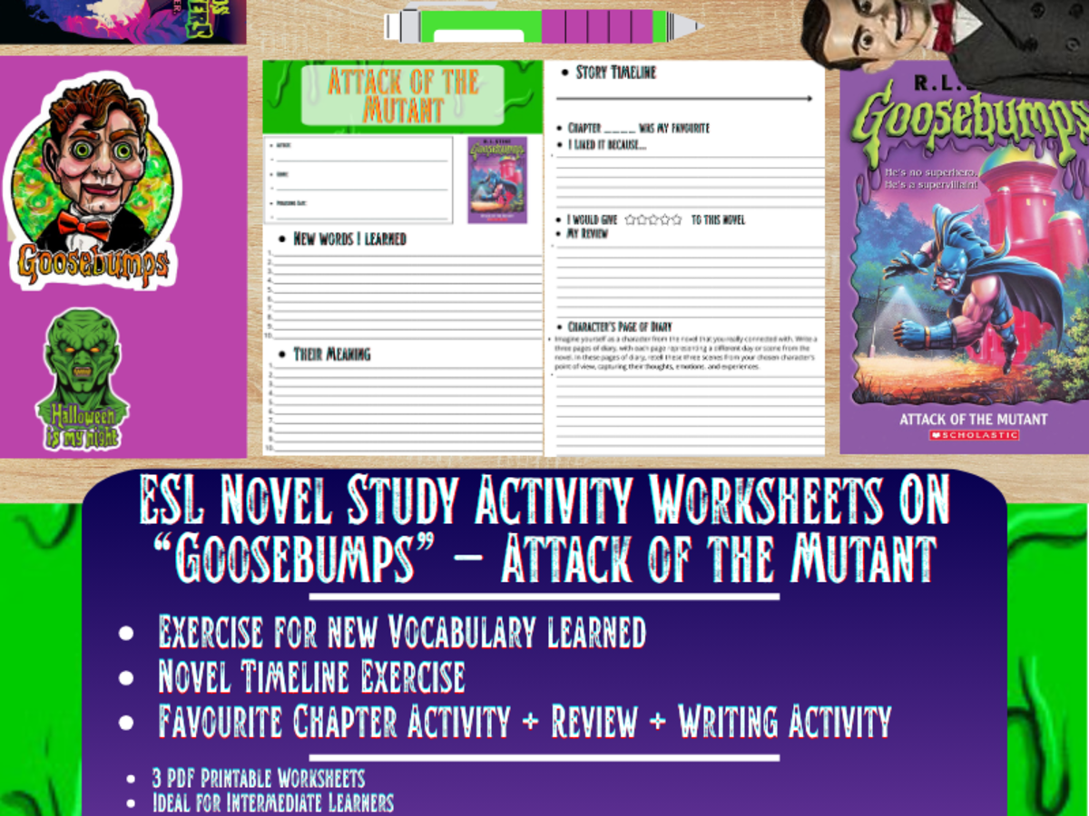 An educational teaching resource from Learning with Alan entitled ESL Novel Study - Attack of the Mutant - Goosebumps - R.L Stine downloadable at Teach Simple.