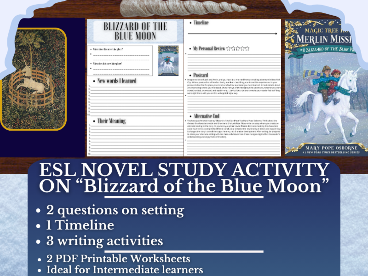 An educational teaching resource from Learning with Alan entitled ESL Novel Study - Blizzard of the New Moon - Magic Tree House downloadable at Teach Simple.