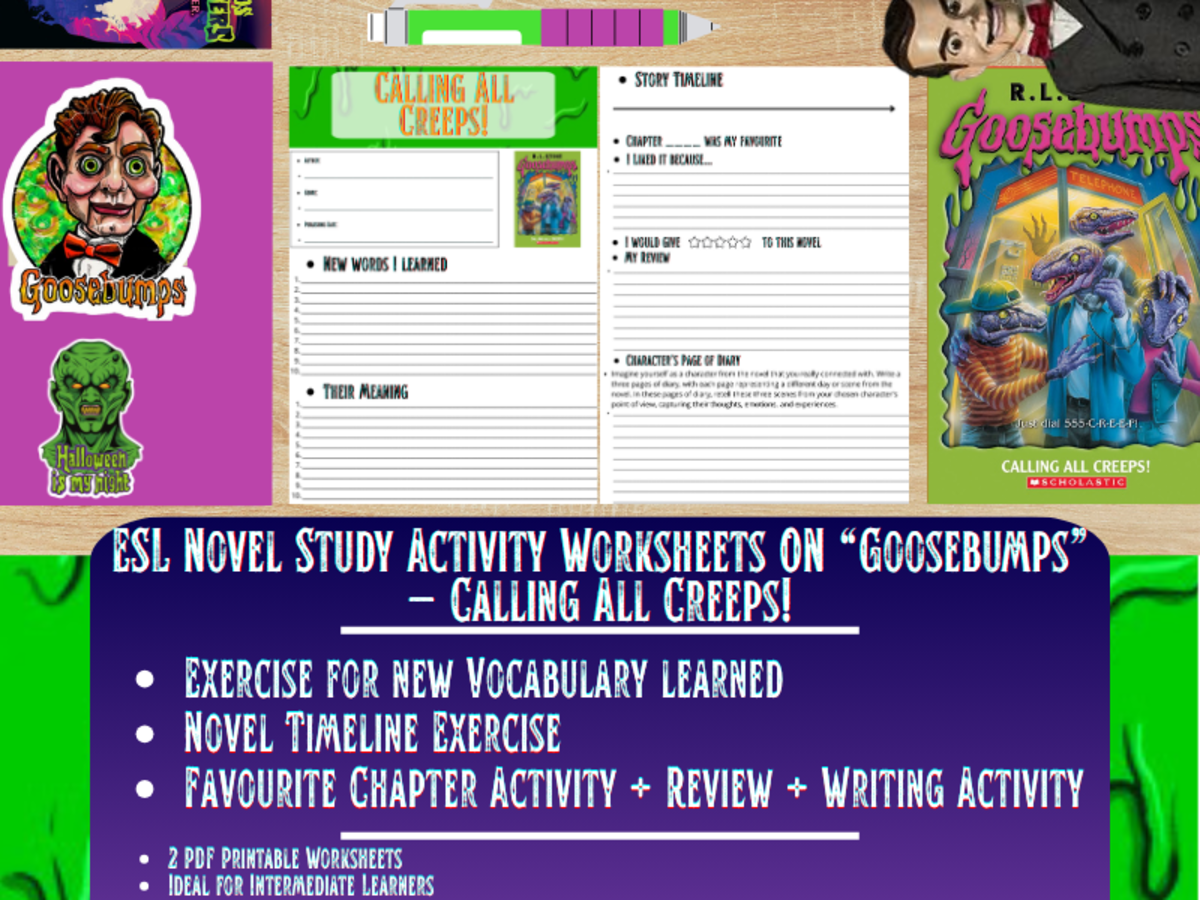 An educational teaching resource from Learning with Alan entitled ESL Novel Study - Calling all creeps! - Goosebumsp - R.L Stine downloadable at Teach Simple.