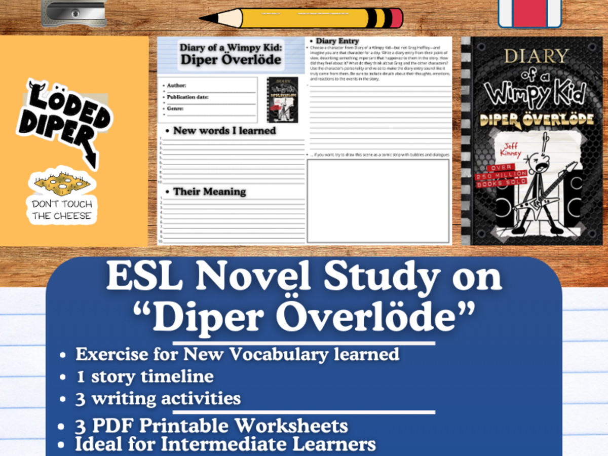 An educational teaching resource from Learning with Alan entitled ESL Novel Study - "Diary of a Wimpy Kid: Diper Överlöde" - Jeff Kinney downloadable at Teach Simple.