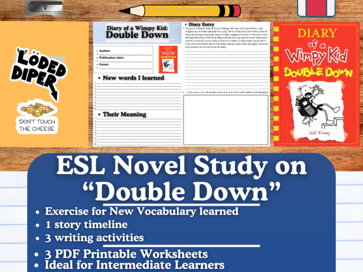 An educational teaching resource from Learning with Alan entitled ESL Novel Study - Diary of a Wimpy Kid: Double Down - Jeff Kinney downloadable at Teach Simple.