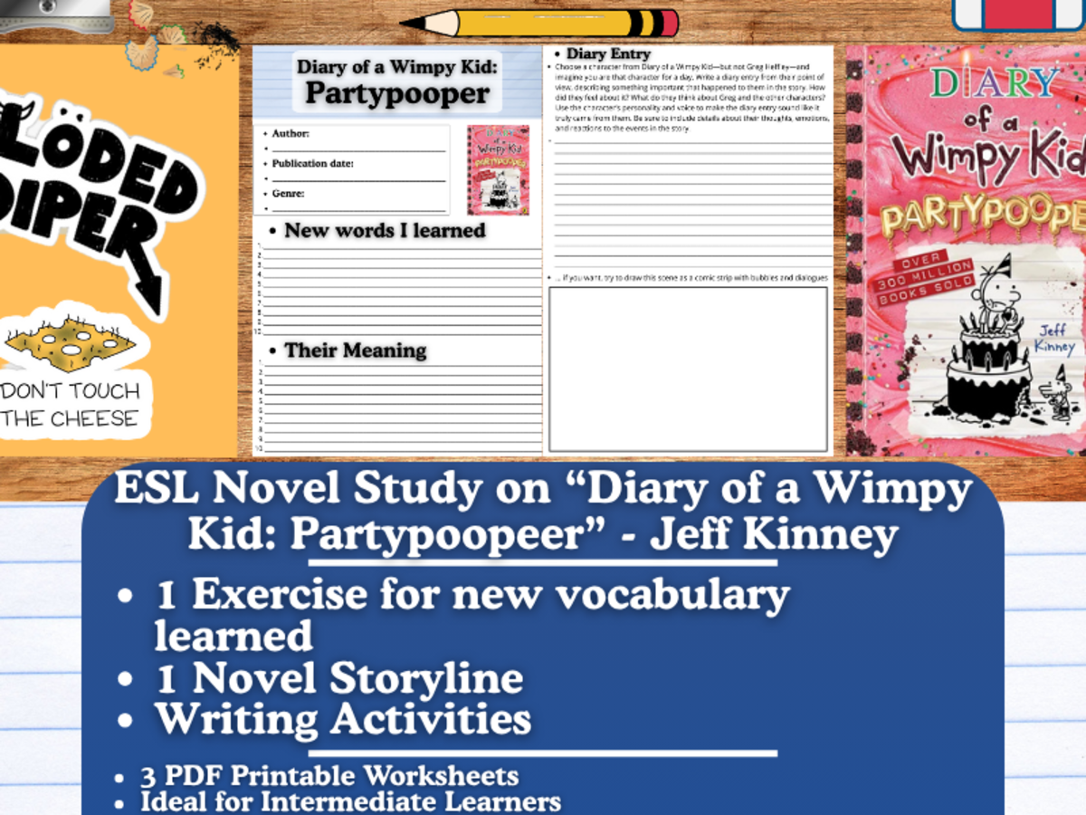 An educational teaching resource from Learning with Alan entitled ESL Novel Study - "Diary of a Wimpy Kid: Partypooper" by Jeff Kinney downloadable at Teach Simple.