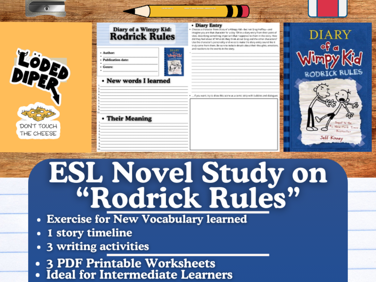 An educational teaching resource from Learning with Alan entitled ESL Novel Study - "Diary of a Wimpy Kid: Rodrick Rules" - Jeff Kinney downloadable at Teach Simple.