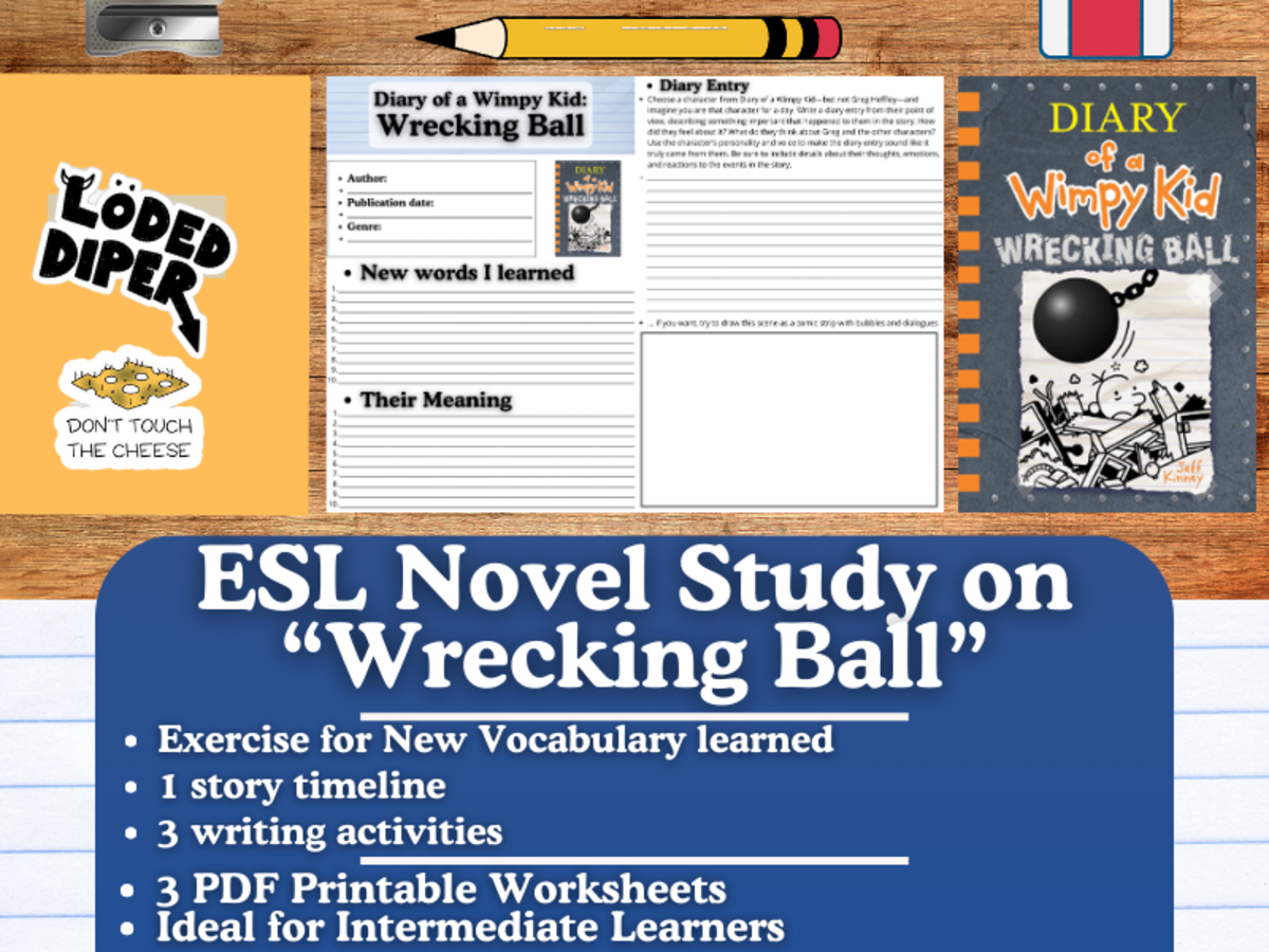 An educational teaching resource from Learning with Alan entitled ESL Novel Study - "Diary of a Wimpy Kid: Wrecking Ball" - Jeff Kinney downloadable at Teach Simple.