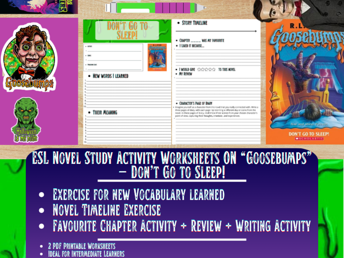 An educational teaching resource from Learning with Alan entitled ESL Novel Study - Don't Go to Sleep! - Goosebumps - R.L Stine downloadable at Teach Simple.